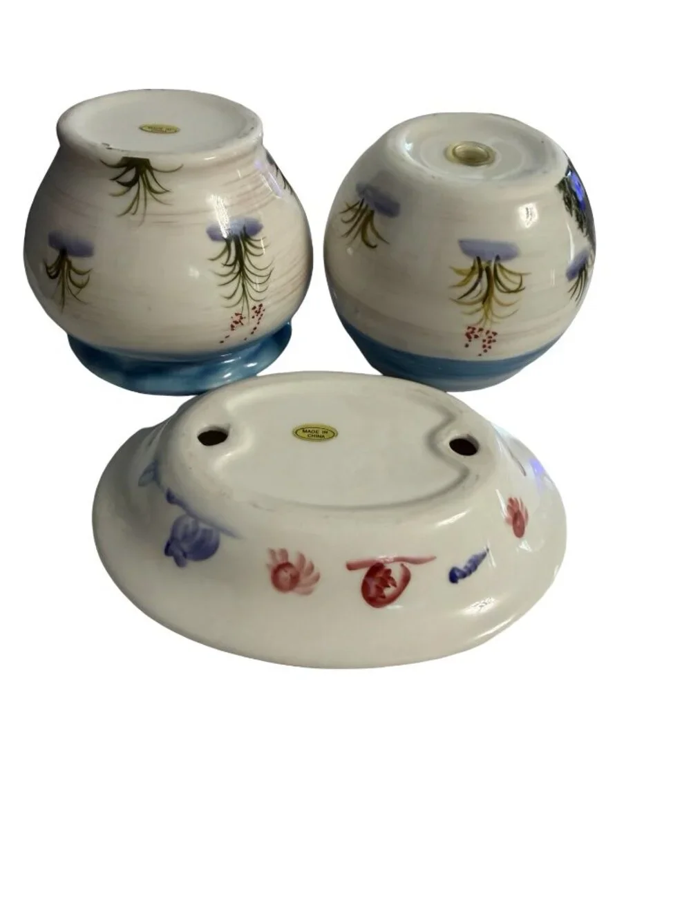 Vintage Coastal Ceramic Bathroom Set Seagull Toothbrush Holder Vanity Tray Blue